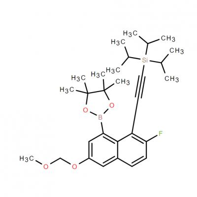 CAS     2621932-37-2    1,3,2-Dioxaborolane, 2-[7-fluoro-3-(methoxymethoxy)-8-[2-[tris(1-methylethyl)silyl]ethynyl]-1-naphthalenyl]-4,4,5,5-tetramethyl-