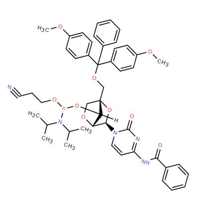 CAS  206055-78-9    Cytidine, N-benzoyl-5'-O-[bis(4-methoxyphenyl)phenylmethyl]-2'-O,4'-C-methylene-, 3'-[2-cyanoethyl bis(1-methylethyl)phosphoramidite] (9CI)