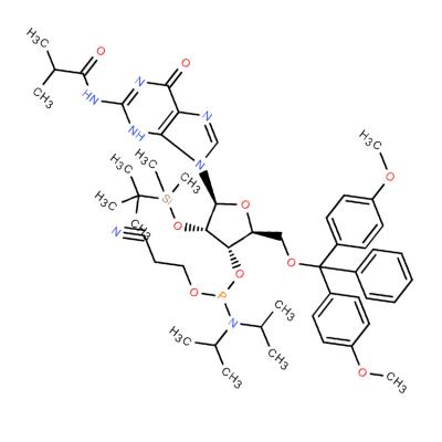 CAS   679809-76-8    Propanamide, N-[9-[5-O-[bis(4-methoxyphenyl)phenylmethyl]-3-O-[[bis(1-methylethyl)amino](2-cyanoethoxy)phosphino]-2-O-[(1,1-dimethylethyl)dimethylsilyl]-β-L-ribofuranosyl]-6,9-dih