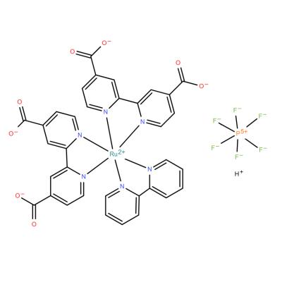 CAS   888700-85-4     Ruthenate(2-), (2,2'-bipyridine-κN1,κN1')bis[[2,2'-bipyridine]-4,4'-dicarboxylato(2-)-κN1,κN1']-, (OC-6-21)-, hydrogen hexafluorophosphate(1-) (1:4:2)